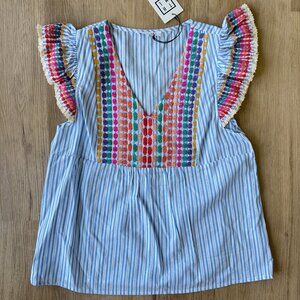 *NWT* THML White/Blue Striped Multicolor Embroidery Marni Top Size S